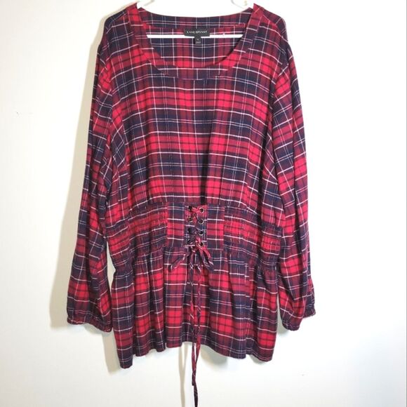 Lane Bryant Red Plaid Corset Tie Up Blouse 26 - Picture 2 of 12